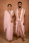 Traditional Handloom Couple Set in Baby Pink with Brown Dobby Border