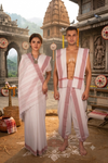 Traditional Handloom Couple Set in White with Brown Dobby Border