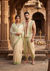 Traditional Handloom Couple Set in Yellow with Self Striped and Green Dobby Border