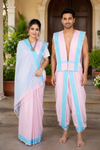 Traditional Handloom Couple Set in Pink with Sky Blue Dobby Border