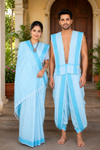 Traditional Handloom Couple Set in Sky Blue with Sky Blue Dobby Border