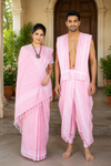 Traditional Handloom Couple Set in Pink with White Dobby Border