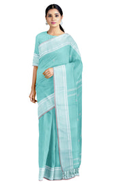Turquoise Blue Dobby Saree with White and Pastel Red Border and Butis
