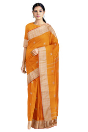 Turmeric Orange Dobby Saree with Red and Linen White Border and Butis