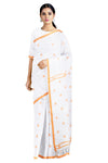 White Dobby Saree with Buti and Orange Dobby Border