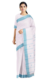White Dobby Saree with Blue Border and Butis in Pallu