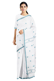 White Dobby Saree with Butis and Sky Blue Border