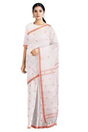 White Dobby Saree with Orange Border and Butis