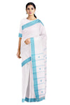 White Dobby Saree with Blue Border and Butis in Pallu