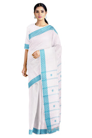 White Dobby Saree with Blue Border and Butis in Pallu