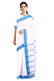 White Dobby Saree with Red and Blue Border and Butis