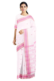 White Dobby Saree with Orange and Magenta Border and Butis