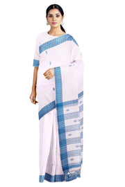 White Dobby Saree with Blue Border and Butis