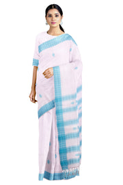 White Dobby Saree with Blue Border and Butis