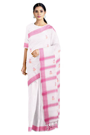 White Dobby Saree with Yellow and Magenta Pink Butis and Border