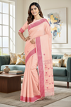 Peach Dobby Saree with White and Magenta Border and Butis