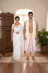 White Dobby Couple Set with Yellow and Orange Border and Butis