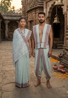 Traditional Handloom Couple Set in Sage Green with Butis and Brown Dobby Border