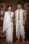 Traditional Handloom Couple Set in White with Butis and Green Dobby Border