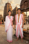 Traditional Handloom Couple Set in White with Butis and Pink Dobby Border