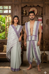 Traditional Handloom Couple Set in Sage Green with Butis and Purple Dobby Border