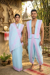 Traditional Handloom Couple Set in Sky Blue with Butis and Pink Dobby Border