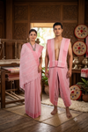 Traditional Handloom Couple Set in Pink with Butis and Pink Dobby Border