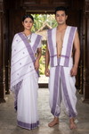 Traditional Handloom Couple Set in White with Butis and Blue Dobby Border