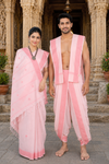 Traditional Handloom Couple Set in Peach with Butis and Pink Dobby Border