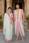 Traditional Handloom Couple Set in Green with Butis and Pink Dobby Border