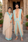 Traditional Handloom Couple Set in Cream with Butis and Sky Blue Dobby Border