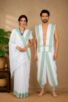 Traditional Handloom Couple Set in White with Butis and Green Dobby Border
