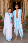 Traditional Handloom Couple Set in White with Butis and Sky Blue Dobby Border