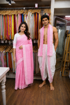 Traditional Handloom Couple Set in Pink and White with Dobby Border