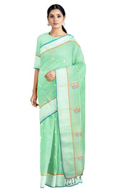 Green Dobby Saree with Yellow, Red, Blue and White Border and Butis