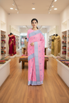Pink Saree with Butis and Blue Dobby Border