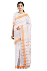 White Dobby Saree with Zari and Yellow Border and Stripes