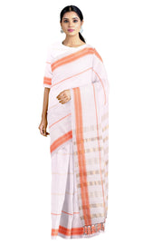 White Dobby Saree with Zari and Orange Border and Stripes