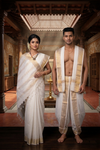 White Dobby Couple Set with Golden Zari Border