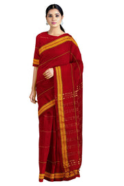 Maroon Mercerised Dobby Saree with Golden Zari, Black and Yellow Stripes and Border