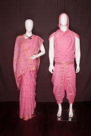 Pink Dobby Aahar Joda with Golden Zari Border and Stripes