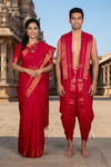 Red Dobby Couple Set with Golden Zari Border
