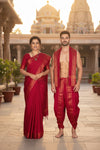 Red Dobby Couple Set with Golden Zari Border