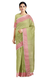 Green Dobby Saree with Pink and White Border
