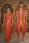 Red Dobby Couple Set with Golden Zari and Orange Border and Checks