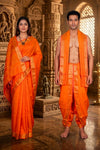 Orange Dobby Couple Set with Golden Zari and Red Border