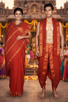 Ruby Red Dobby Couple Set with Golden Zari Linings and Border