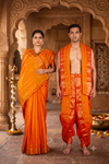 Orange Dobby Couple Set with Golden Zari and Red Border