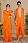 Orange Dobby Couple Set with Golden Zari and Red Border