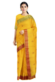 Yellow Dobby Saree with Golden Zari, Green and Red Border and Butis